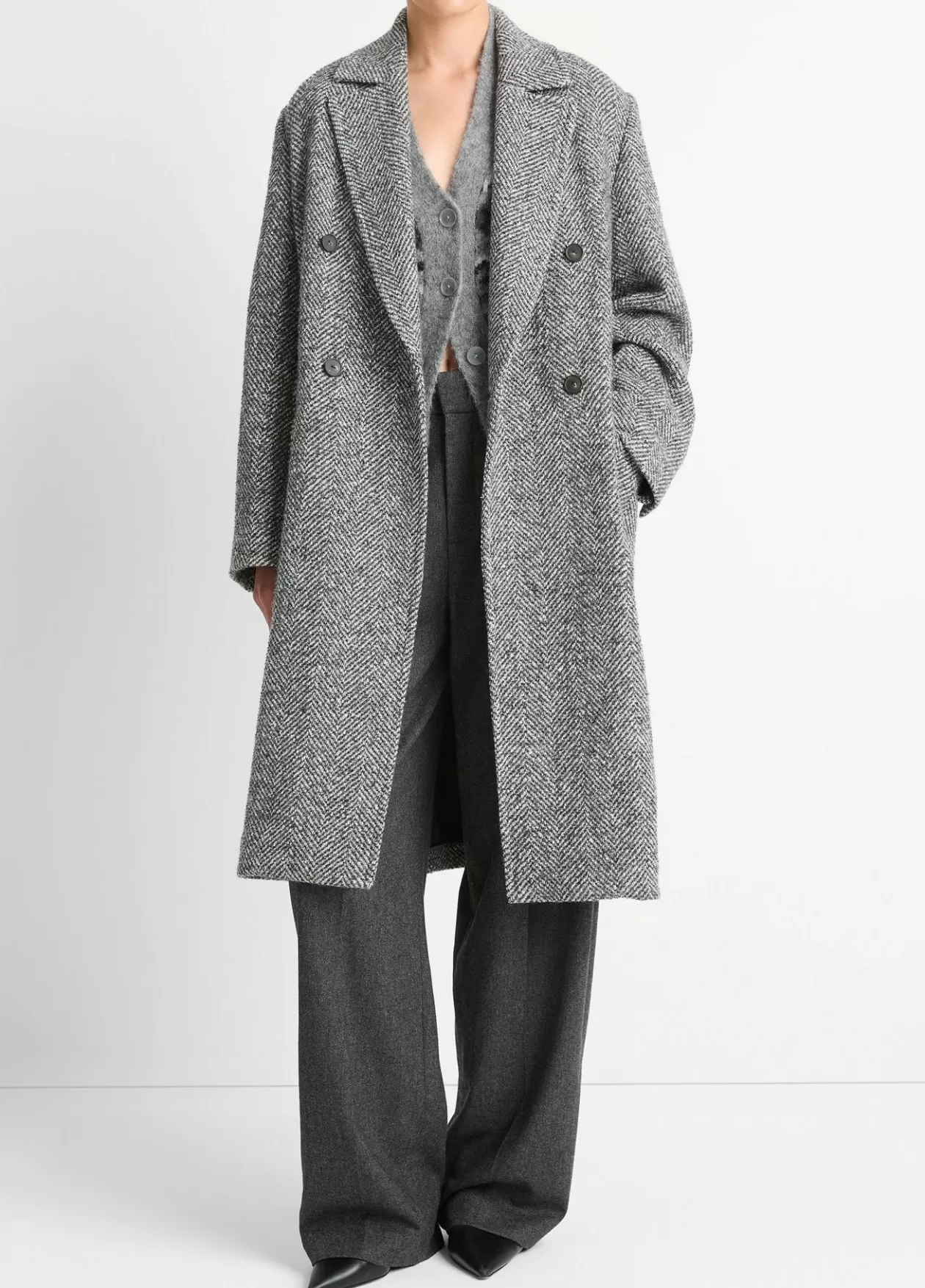 Best Vince Italian Herringbone Wool-Blend Double-Breasted Coat charcoal