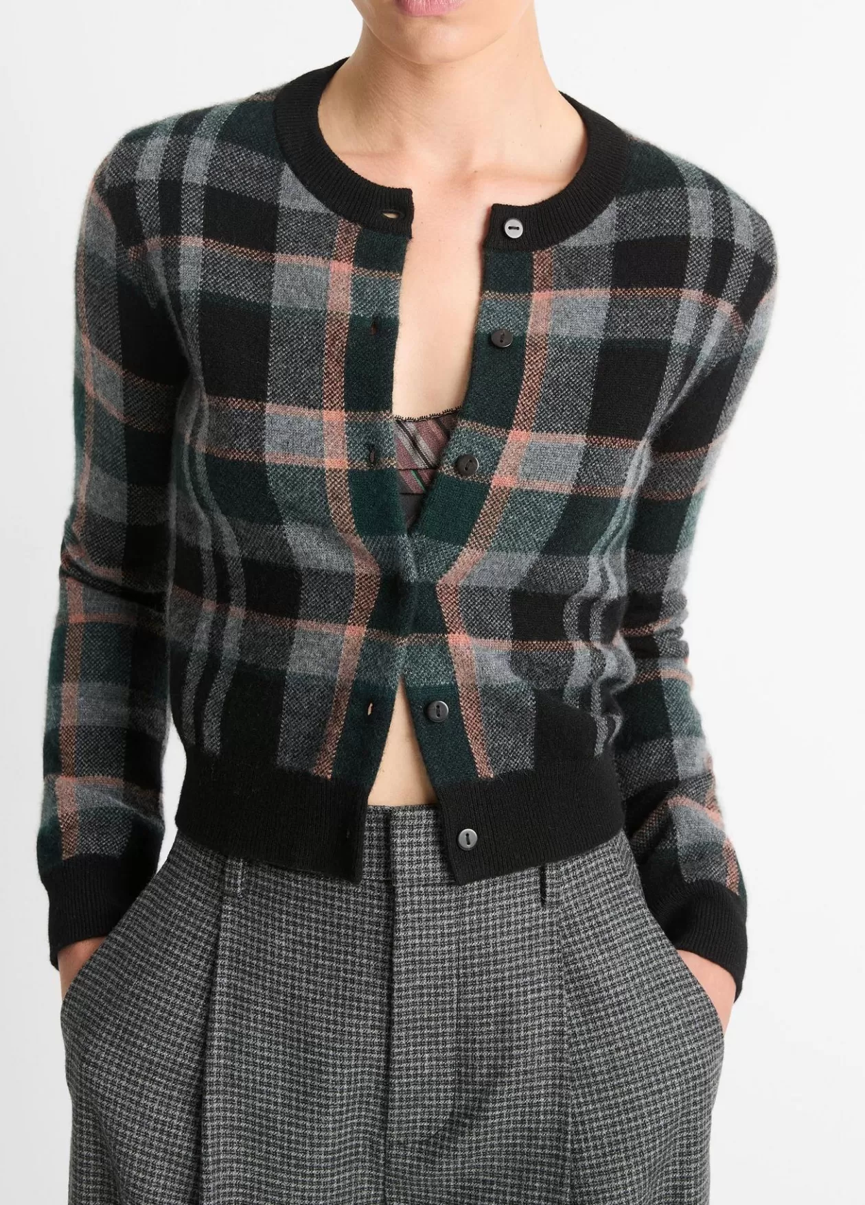 Sale Vince Plaid Cashmere Cardigan black combo