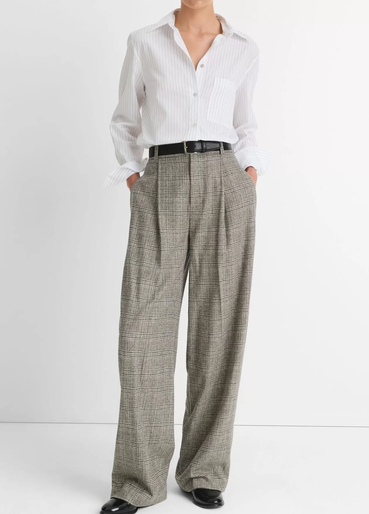 Shop Vince Plaid Italian Wool-Blend High-Rise Trouser heritage grey