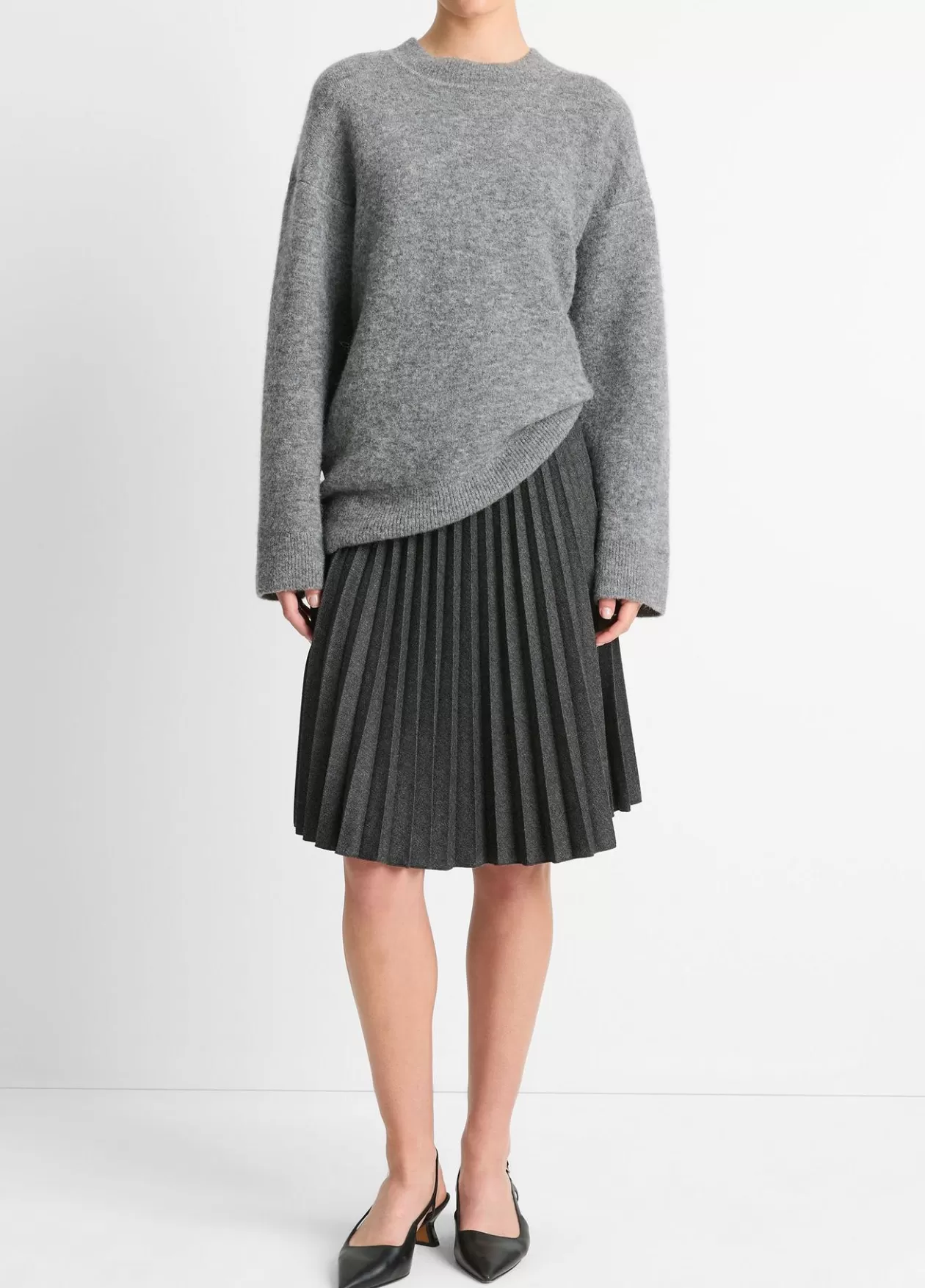 Shop Vince Pleated Italian Herringbone Wool-Blend Skirt charcoal