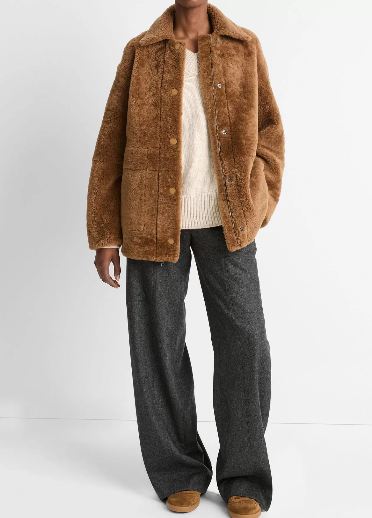 New Vince Reversible Plush Shearling Jacket almond