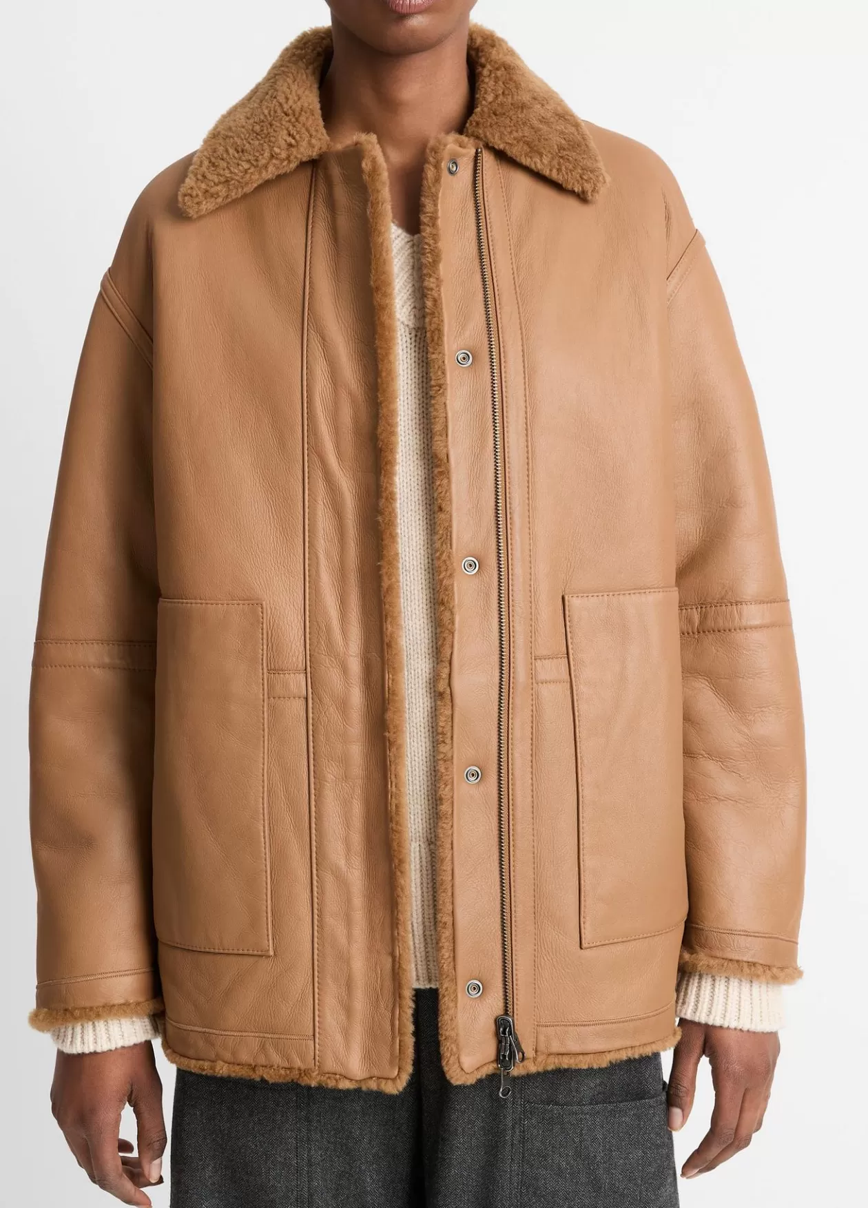 New Vince Reversible Plush Shearling Jacket almond