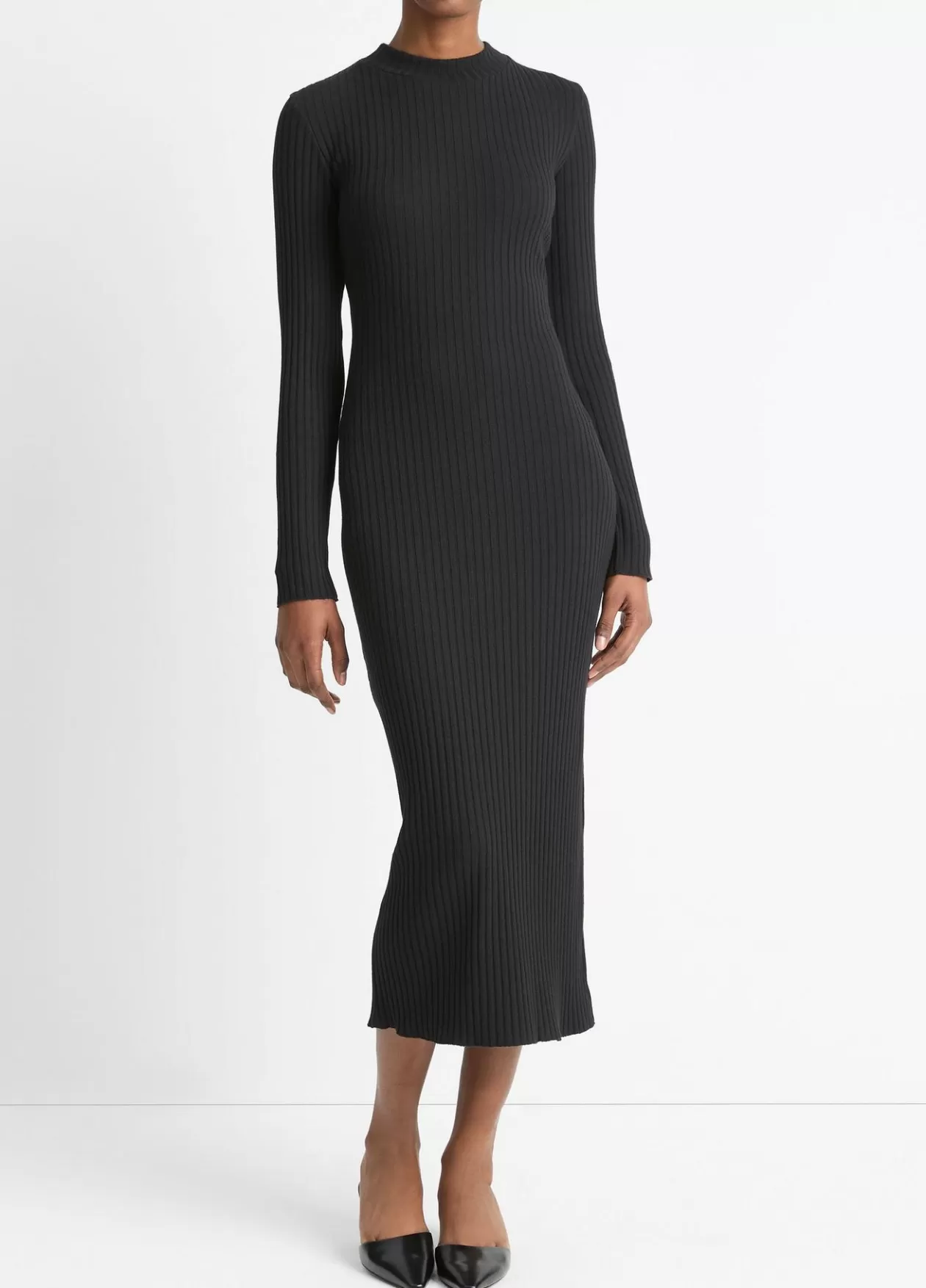 New Vince Ribbed Cotton-Blend High-Neck Dress black