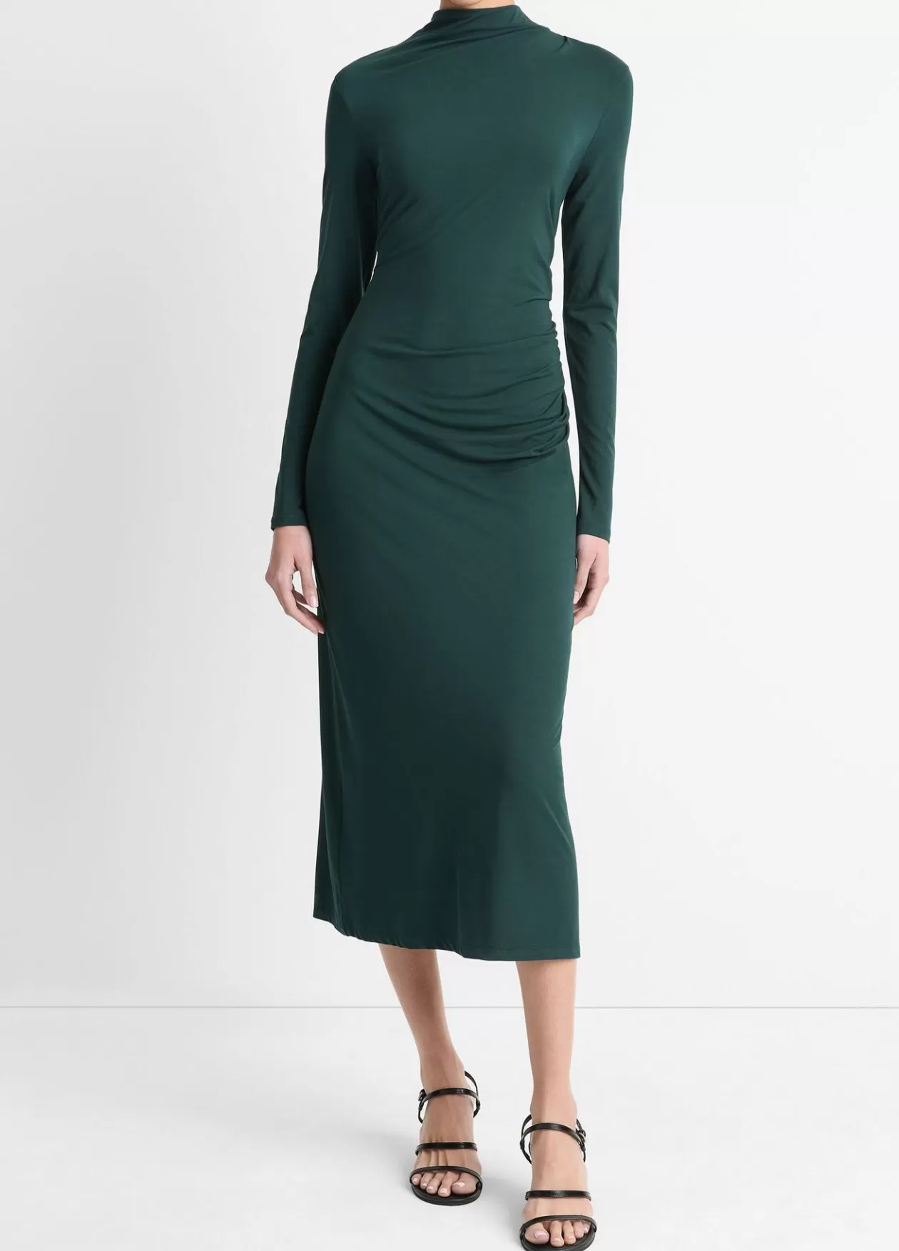 Fashion Vince Ruched Long-Sleeve Turtleneck Dress juniper