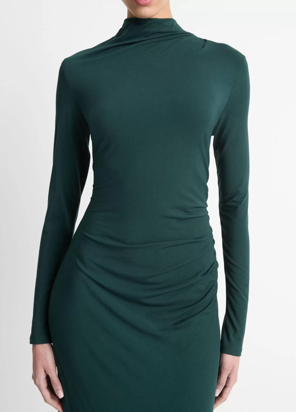 Fashion Vince Ruched Long-Sleeve Turtleneck Dress juniper