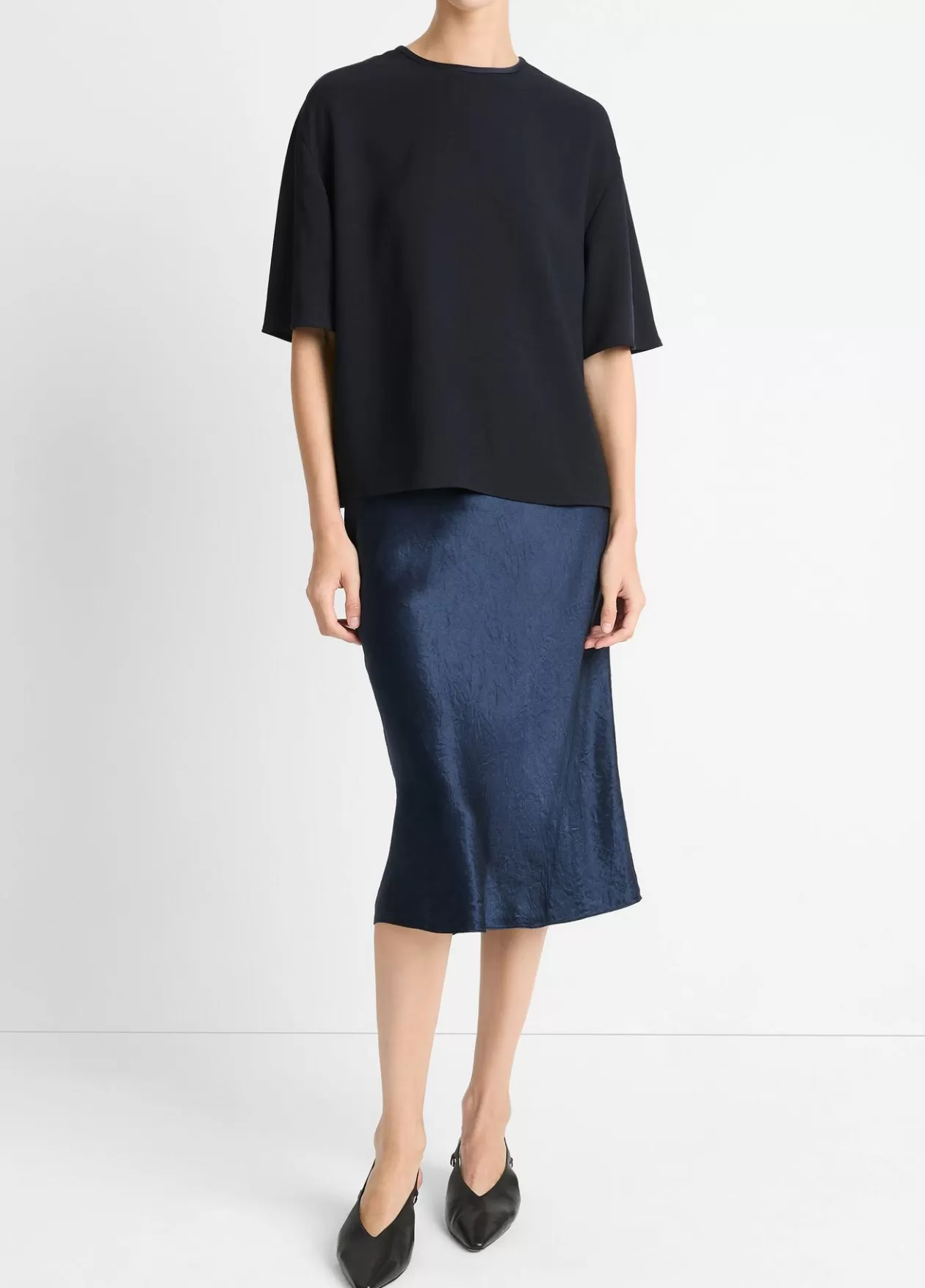 Shop Vince Satin-Trimmed Crepe T-Shirt coastal blue