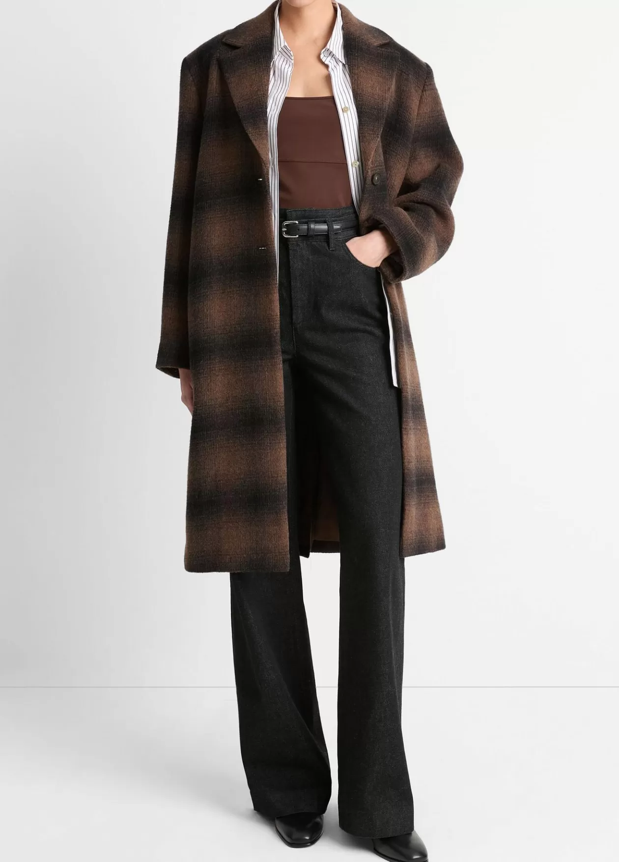 Store Vince Shadow Plaid Italian Wool-Blend Car Coat deep walnut