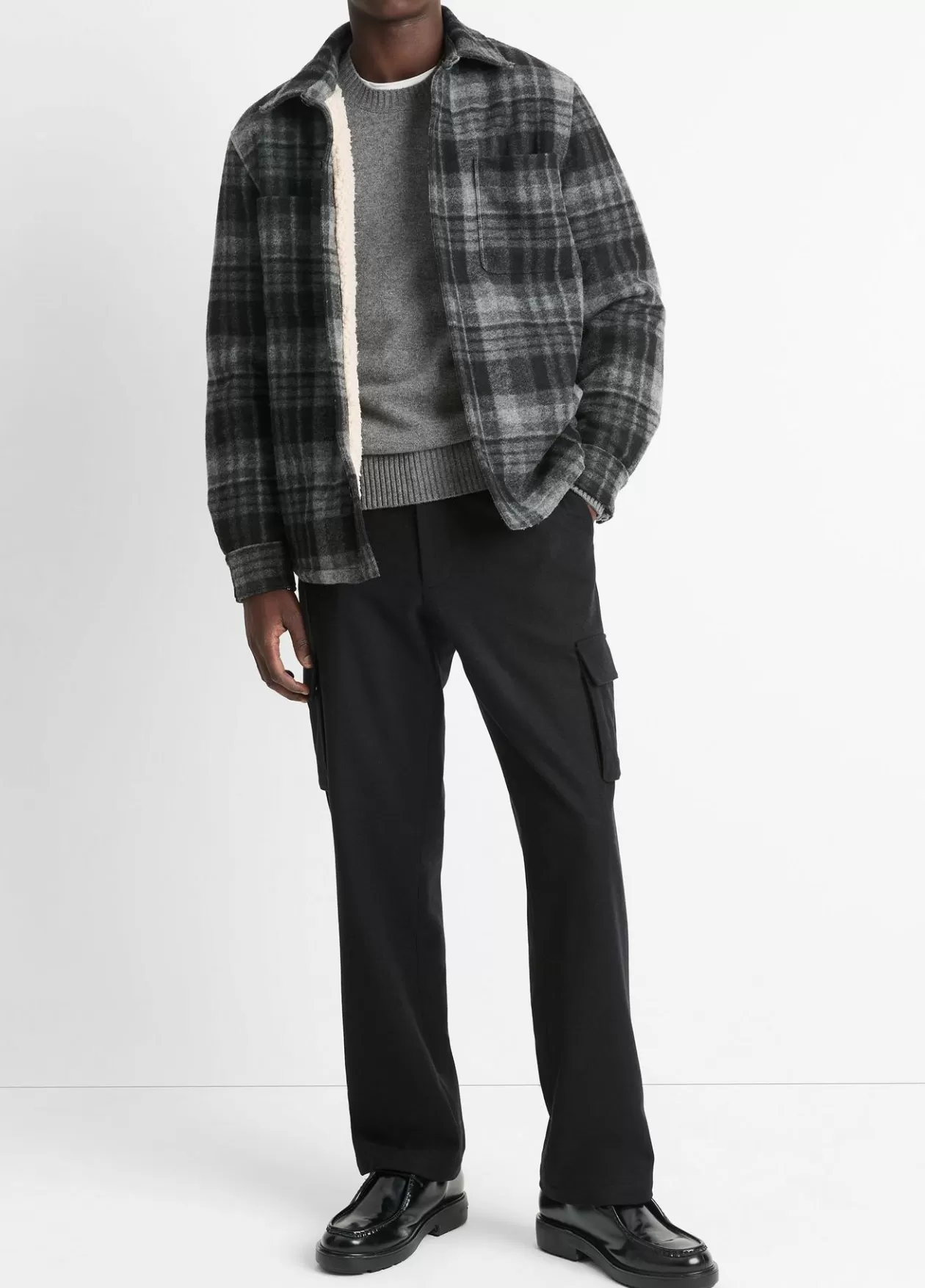 Clearance Vince Sherpa-Lined Plaid Shirt Jacket black combo